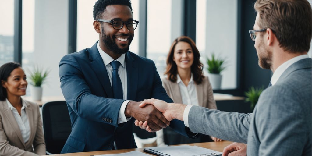 Businessperson shaking hands in modern office.