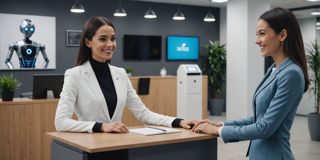 AI robot receptionist greeting a visitor in an office.