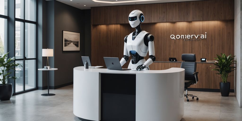 AI robot receptionist in a modern office lobby