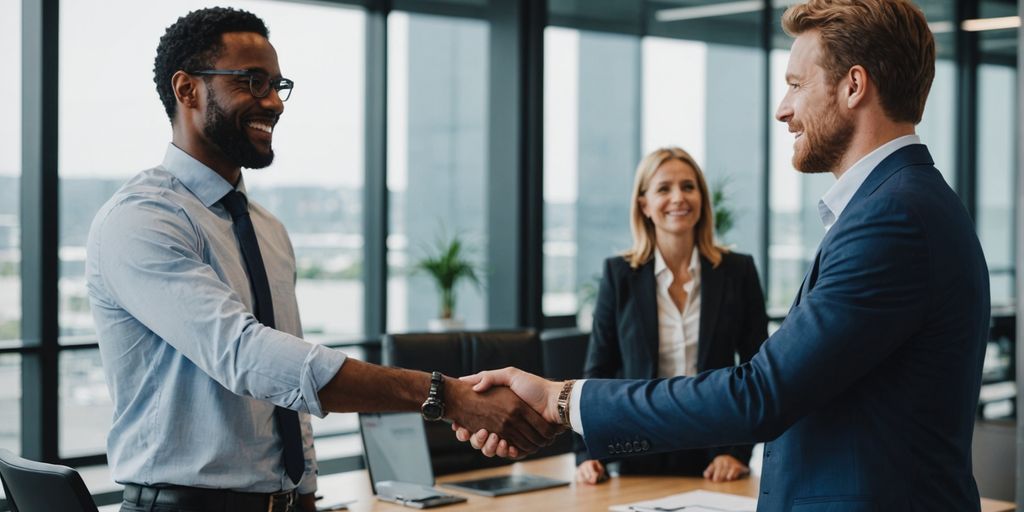 Businessperson shaking hands with client in office.