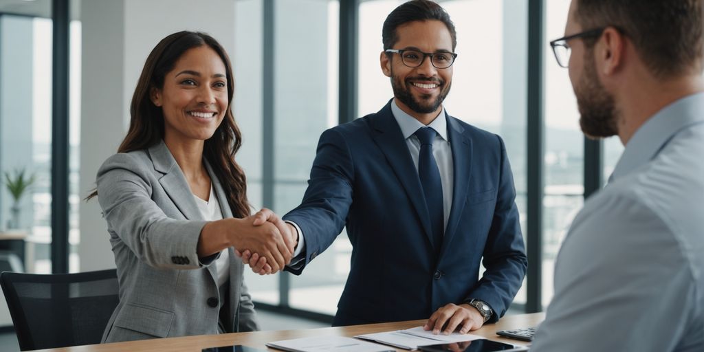 Business handshake in modern office