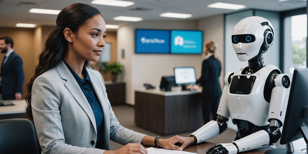 AI robot receptionist assisting businessperson