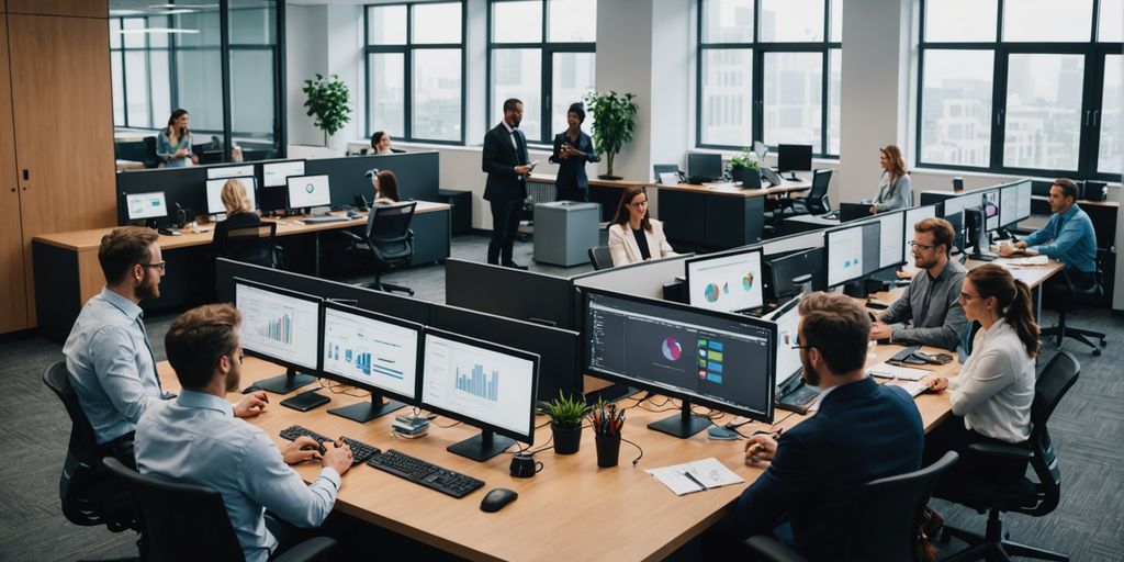 Professionals collaborating on AI solutions in a modern office.