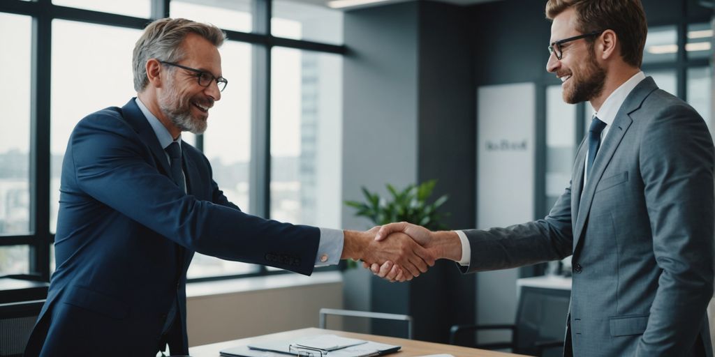 Businessperson and client shaking hands in modern office