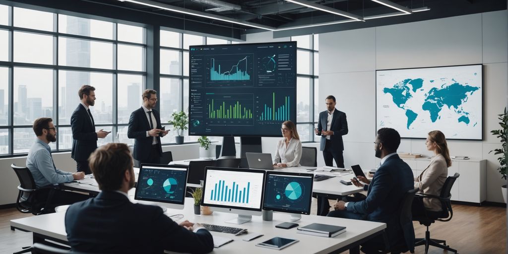 Business team with AI data graphics