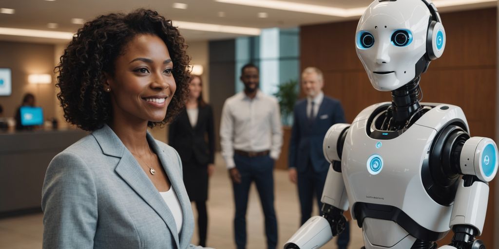 AI robot receptionist greeting people in office lobby