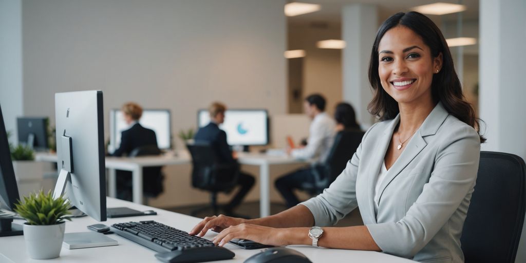 Receptionist at desk using computer in bright office.