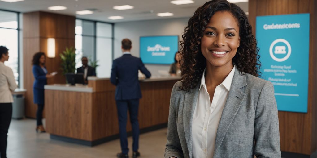 AI receptionist greeting people in office lobby