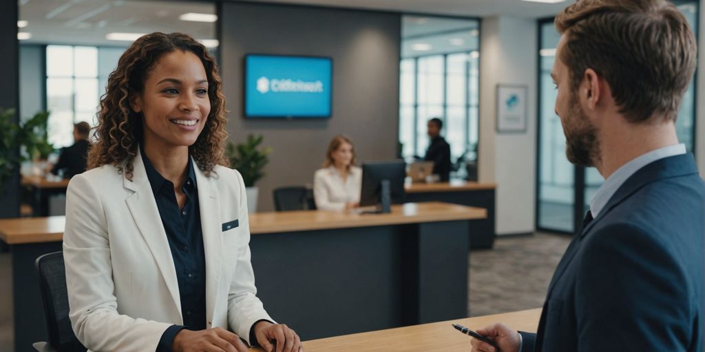 AI receptionist with human in office lobby