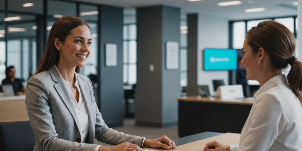 AI receptionist assisting a customer at a modern desk.