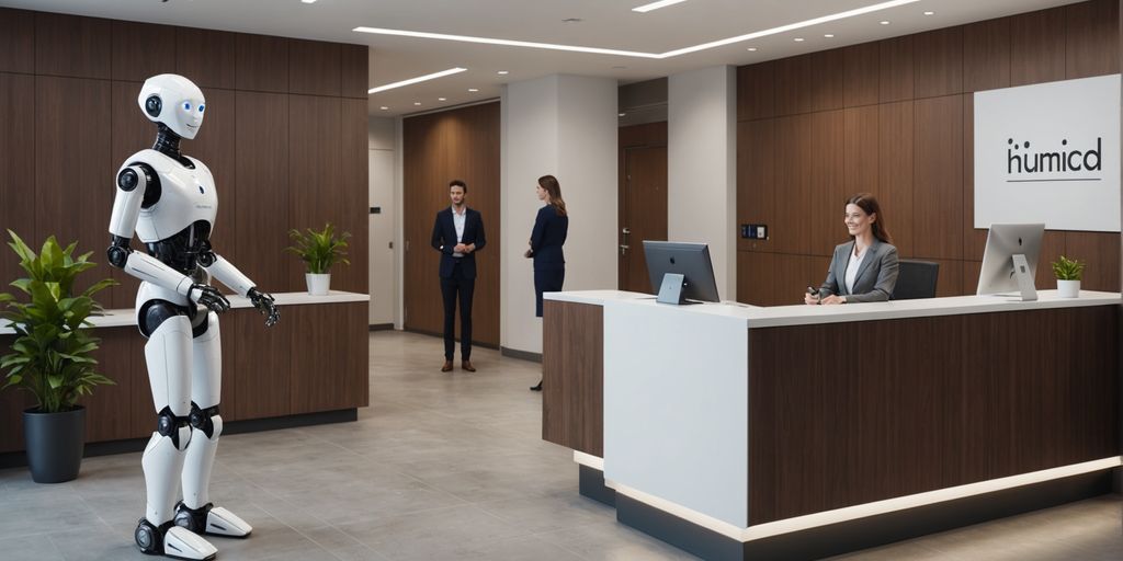 Humanoid robot receptionist in modern office lobby