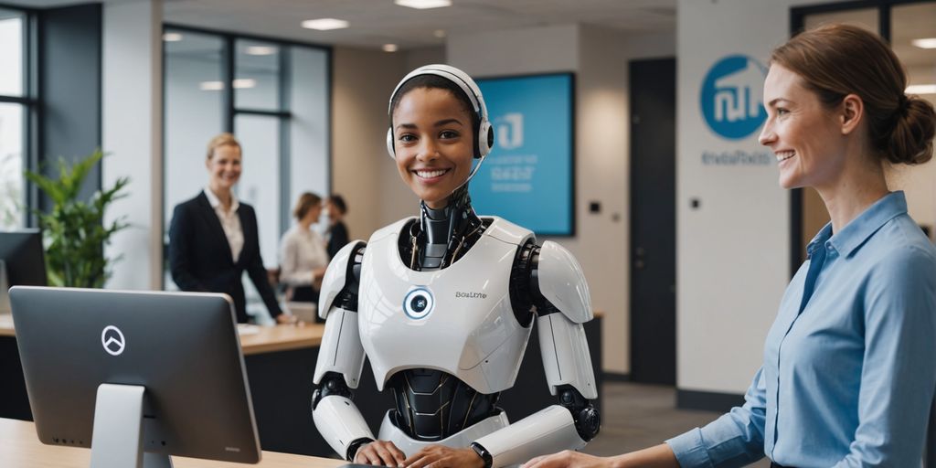 AI robot receptionist assisting a visitor