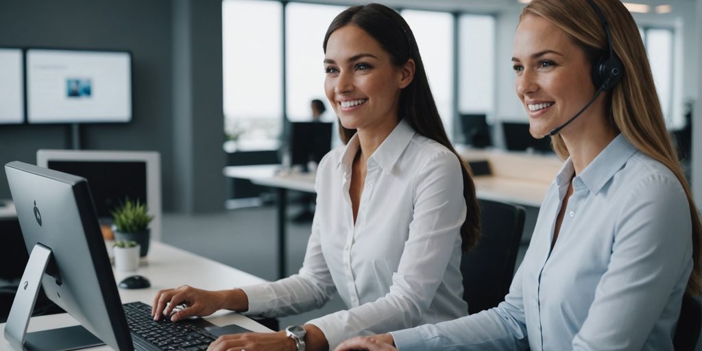 Receptionist with AI assistant on screen