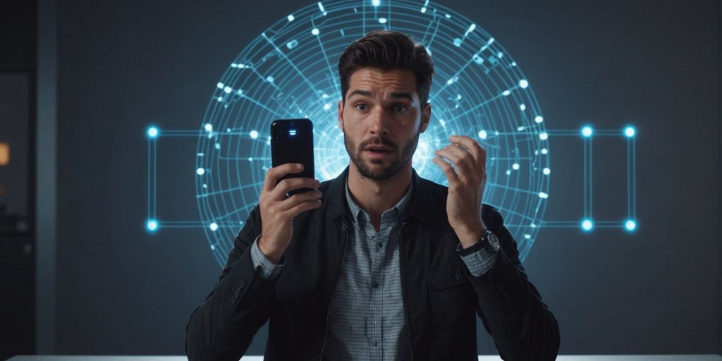 Person relieved with AI hologram on phone
