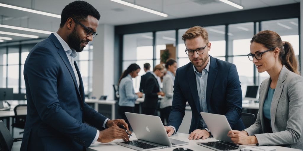 Team collaborating on AI phone management systems.