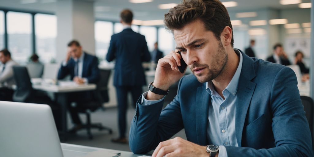 Frustrated person on phone checking watch in office.