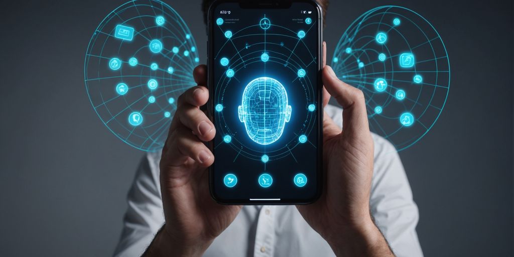 Person with phone and AI hologram assisting