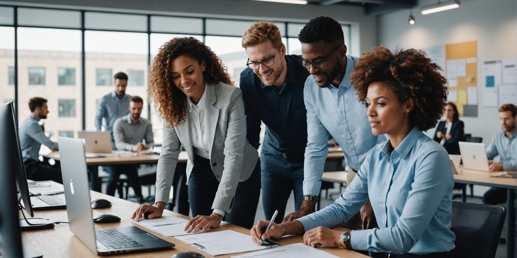 Professionals collaborating on AI solutions in a modern office.