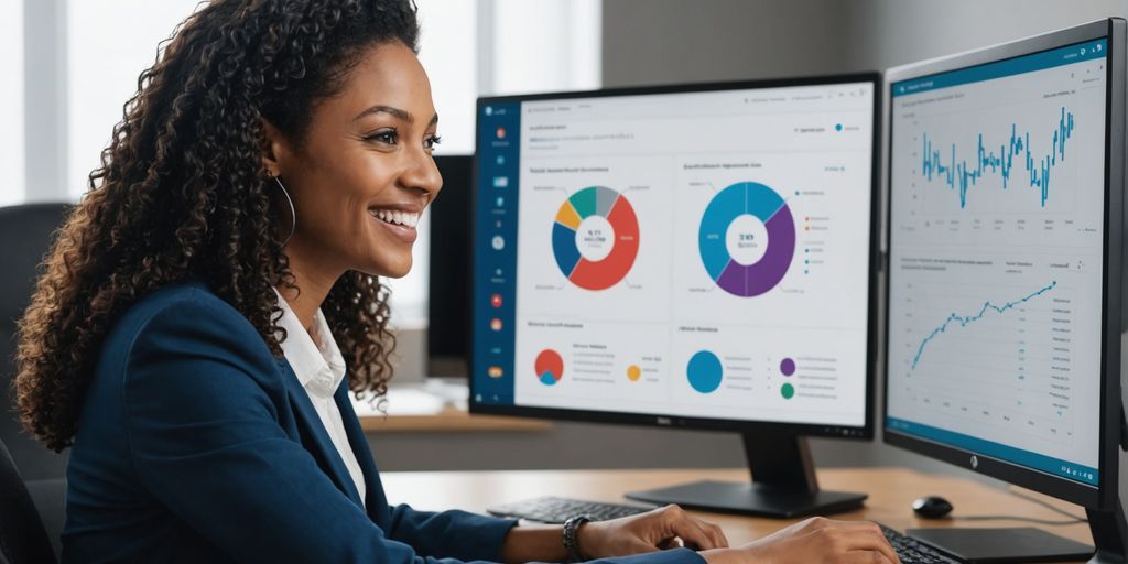 Customer service rep with AI analytics on screen.