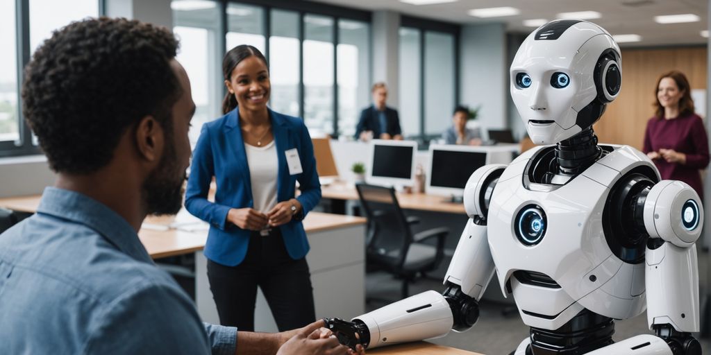 AI robot assisting diverse customers in office