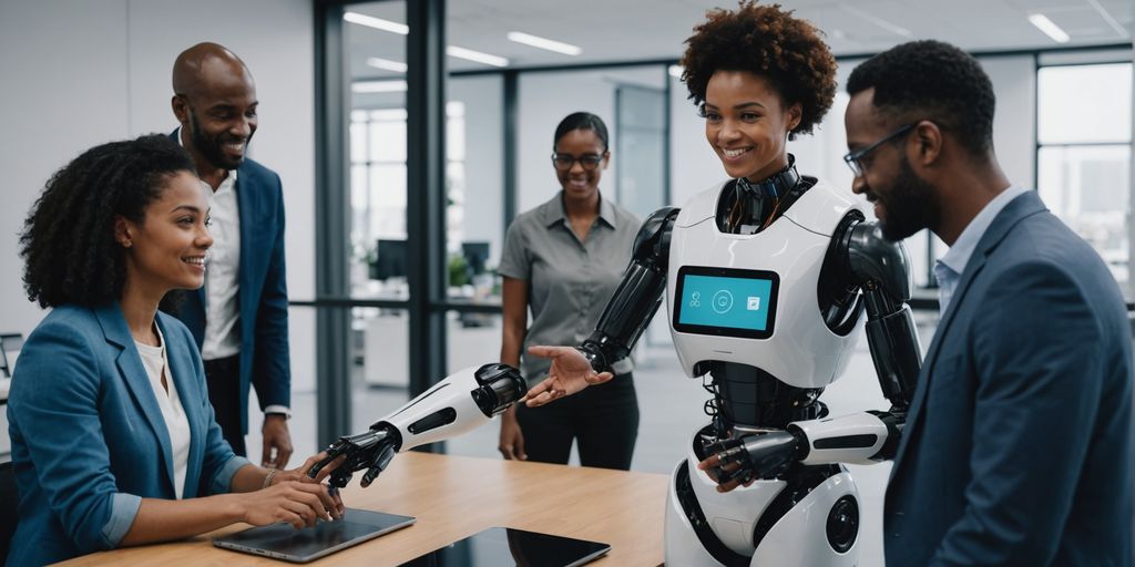 People with AI robot in modern office
