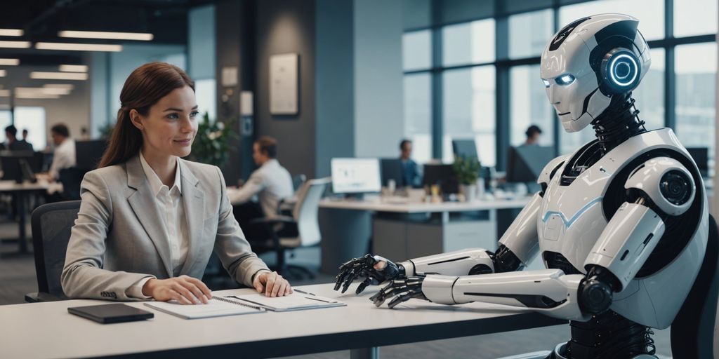 Robot assists customer in modern office