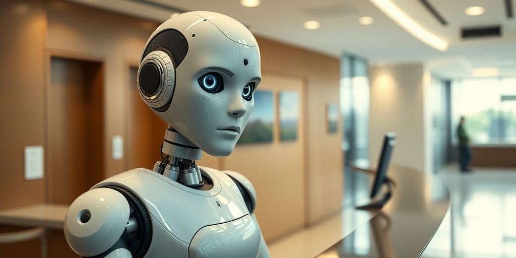 Humanoid robot receptionist in office lobby