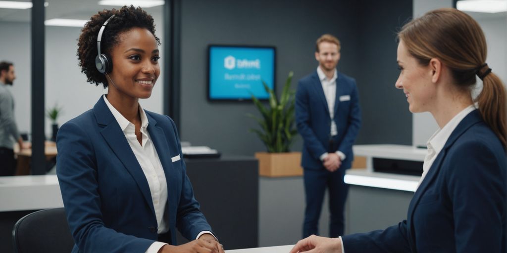 AI receptionist hologram at modern office desk