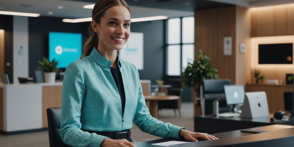 AI receptionist greeting customer in modern office lobby