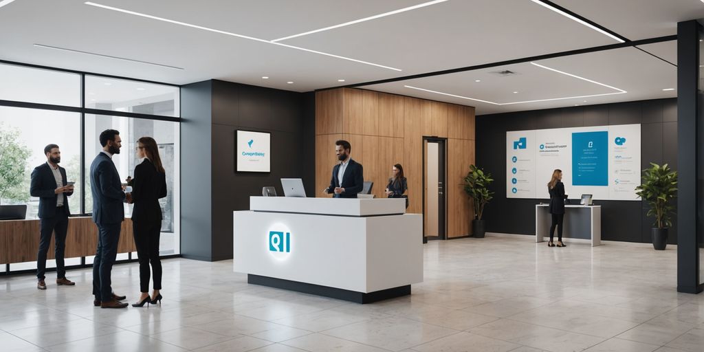 AI receptionist in modern office lobby