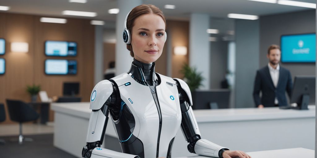 AI robot receptionist at modern desk