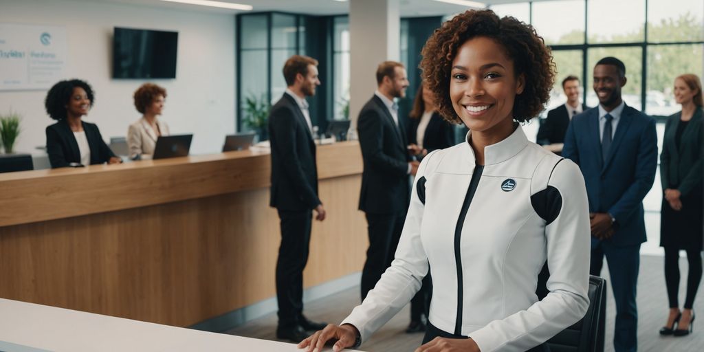 AI robot receptionist with a warm smile