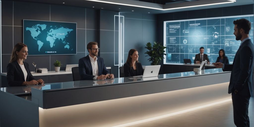 AI receptionist helping people at a modern desk.