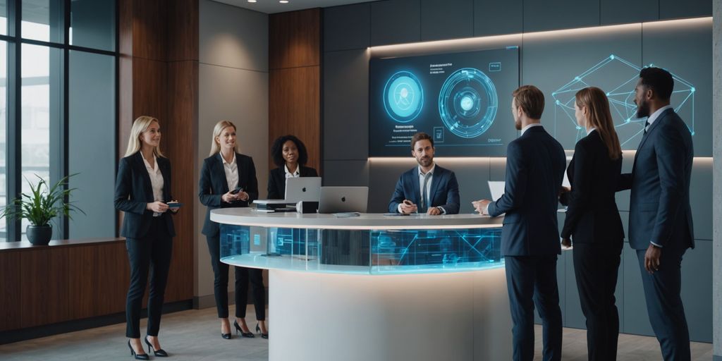 AI receptionist hologram in modern office lobby