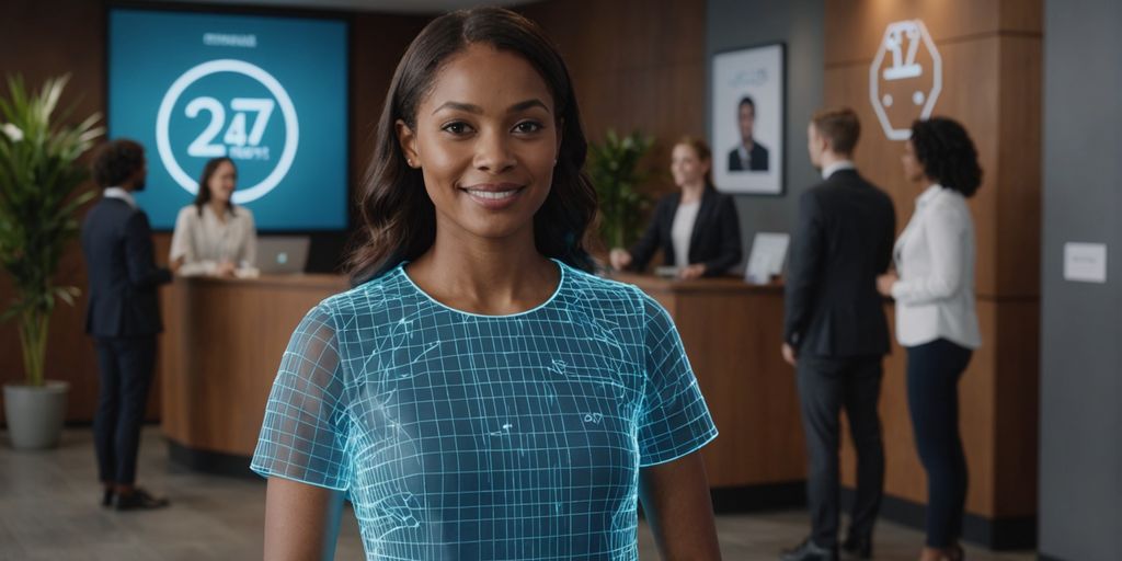 AI receptionist greeting diverse customers in modern lobby.
