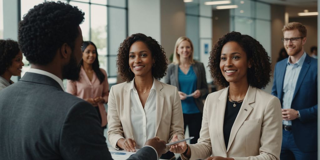 AI receptionist greeting diverse office visitors