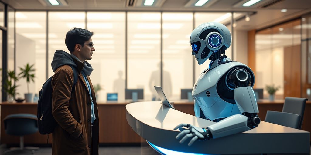 Humanoid robot receptionist interacting with a human visitor