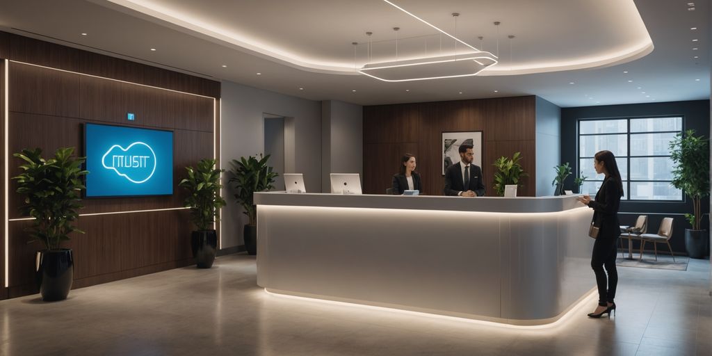 AI receptionist in modern office lobby with visitors