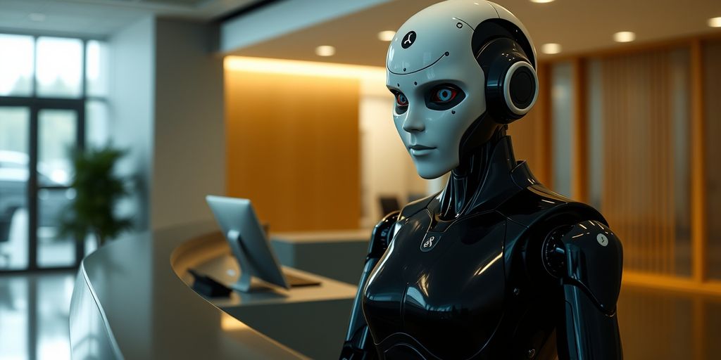 Human-like robot receptionist in office lobby