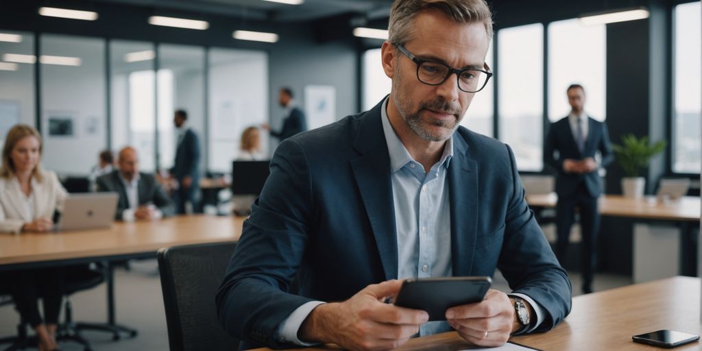Businessperson with AI phone engaging clients in office.