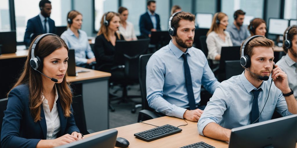 Call center agents on headsets