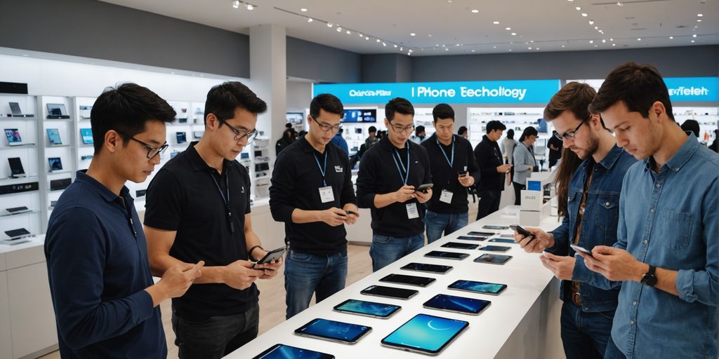 Customers in tech store examining AI phones.