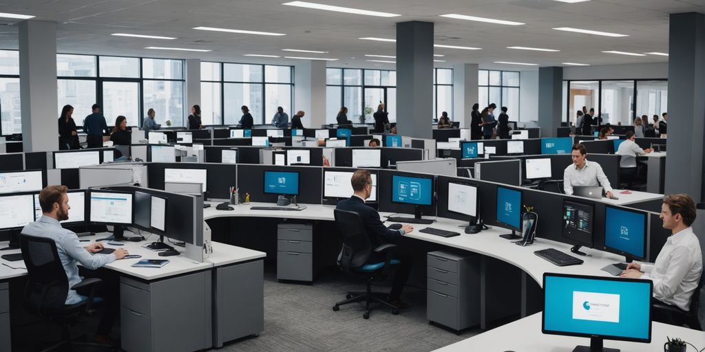 AI devices assisting in a busy office