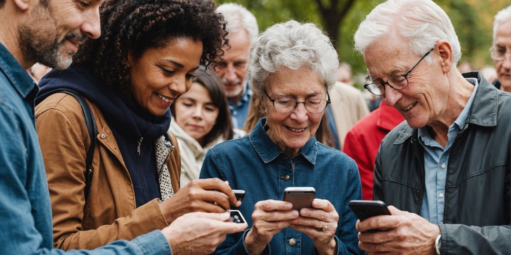 Diverse group using smartphones