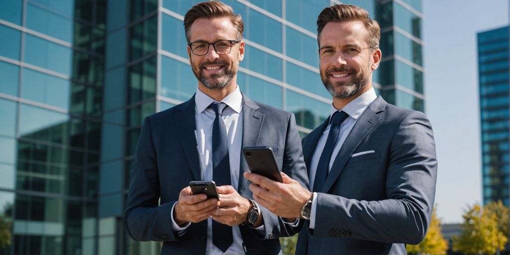Businessperson with AI phone in front of office building.