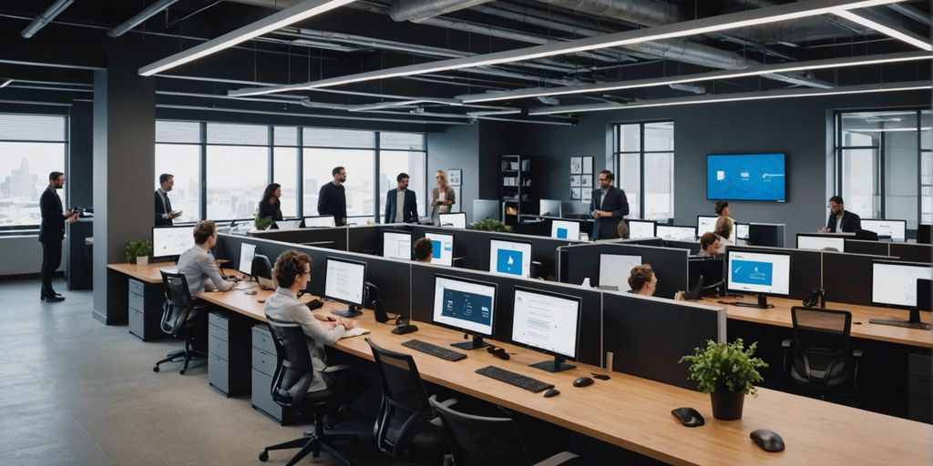 Professionals collaborating on AI technology in a modern office.