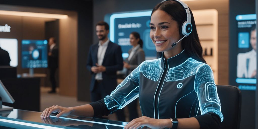 AI hologram assisting customer at service desk