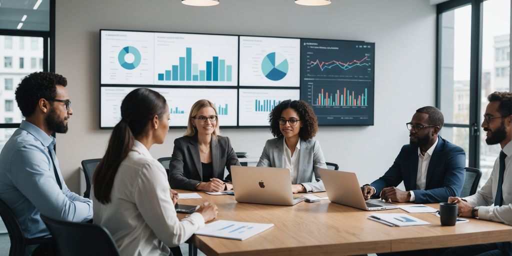 Business meeting discussing AI communication platforms.