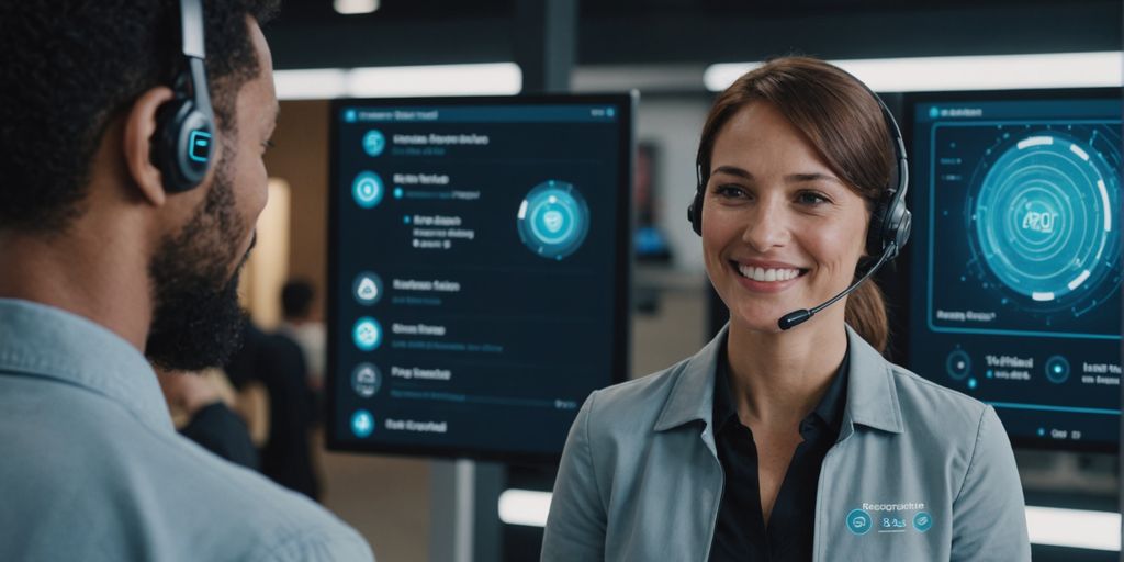 Customer service rep with AI interface overlay