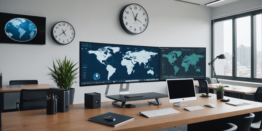 Office with AI interface and world clock